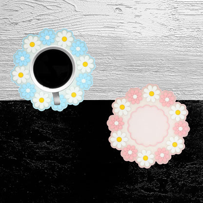 Coasters for Drinks, Cute Coaster for Coffee Table Set of 4 Non-Slip PVC Silicone Coasters for Tabletop Protection, Daisy Flower Pattern Heat Insulation Placemat (2 Pink+2 Blue)