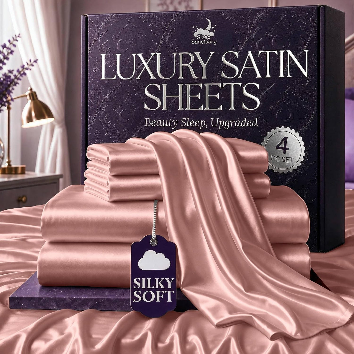 Satin Sheets King Size – 4 Piece Luxury Silky Bed Set, Softer Than Silk, 15" Deep Pocket, Cooling & Wrinkle-Free, Moisture-Wicking & Breathable for Hair & Skin (Blush Pink)