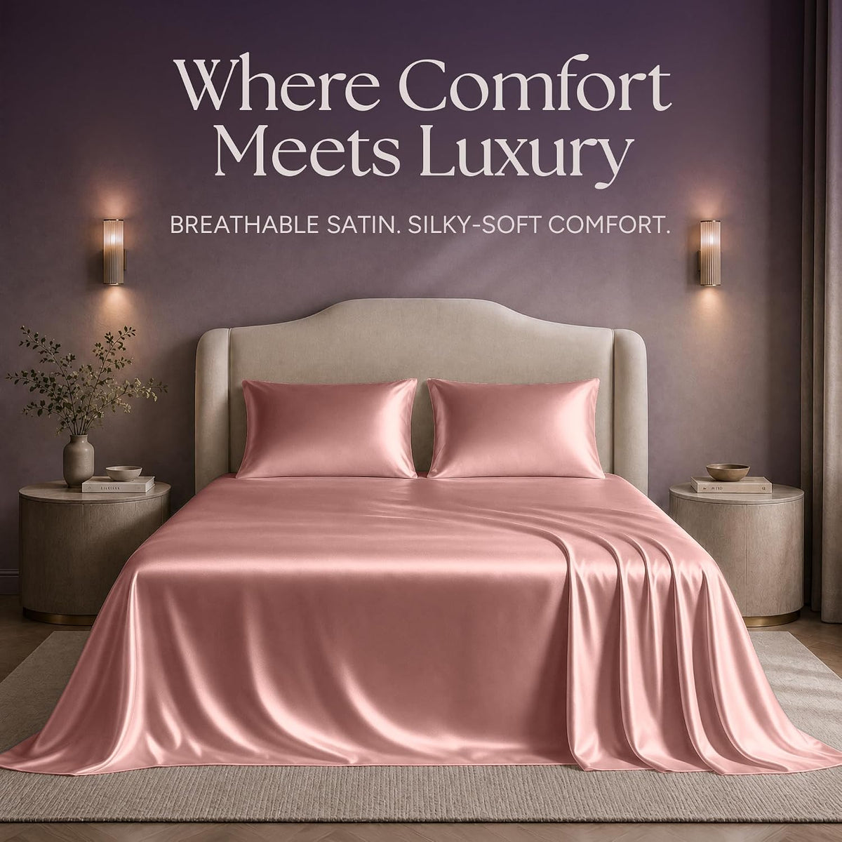Satin Sheets King Size – 4 Piece Luxury Silky Bed Set, Softer Than Silk, 15" Deep Pocket, Cooling & Wrinkle-Free, Moisture-Wicking & Breathable for Hair & Skin (Blush Pink)