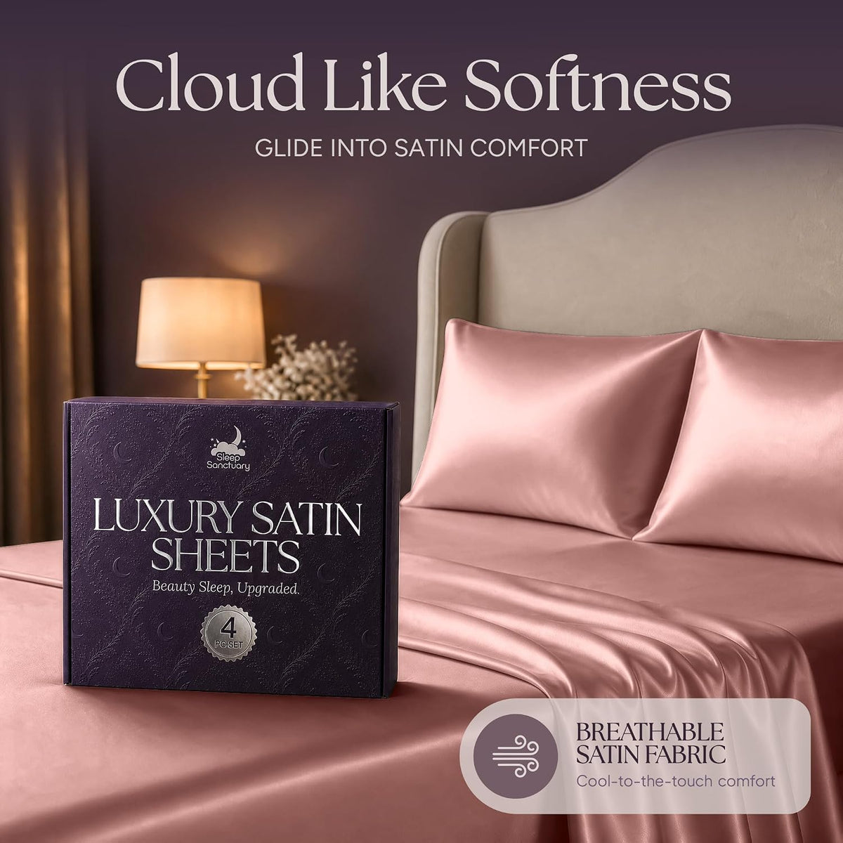 Satin Sheets King Size – 4 Piece Luxury Silky Bed Set, Softer Than Silk, 15" Deep Pocket, Cooling & Wrinkle-Free, Moisture-Wicking & Breathable for Hair & Skin (Blush Pink)