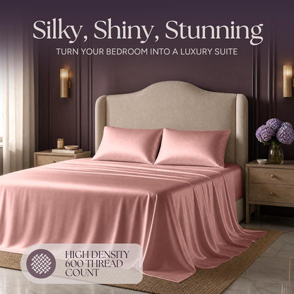 Satin Sheets King Size – 4 Piece Luxury Silky Bed Set, Softer Than Silk, 15" Deep Pocket, Cooling & Wrinkle-Free, Moisture-Wicking & Breathable for Hair & Skin (Blush Pink)