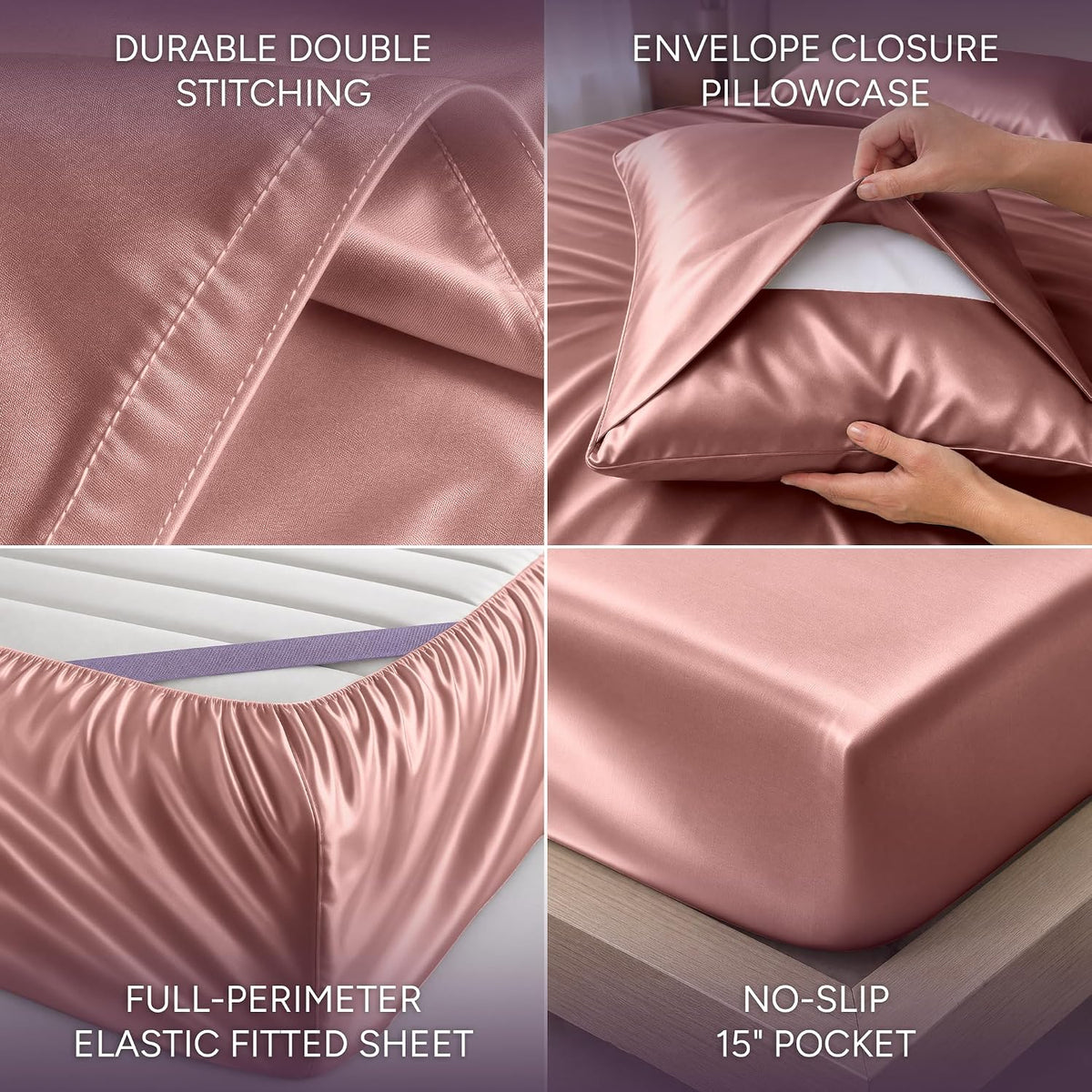 Satin Sheets King Size – 4 Piece Luxury Silky Bed Set, Softer Than Silk, 15" Deep Pocket, Cooling & Wrinkle-Free, Moisture-Wicking & Breathable for Hair & Skin (Blush Pink)
