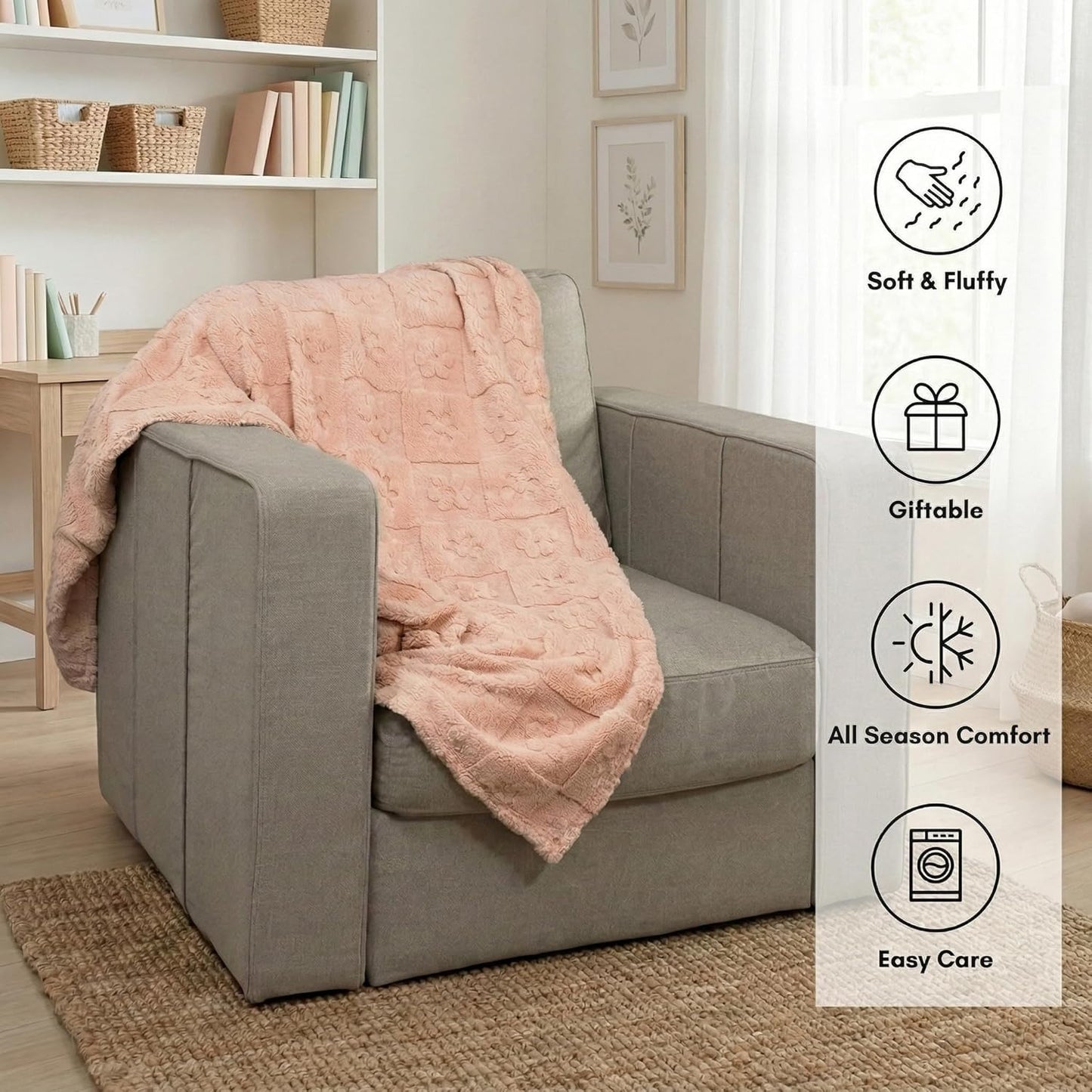 Americanflat 50x60 Jacquard Fleece Throw Blanket - Soft and Breathable Throw Blanket for Couch, Bed, Chair - Fleece Blankets Perfect for Home, Bedroom, or Outdoor Use - Flower Design in Pink