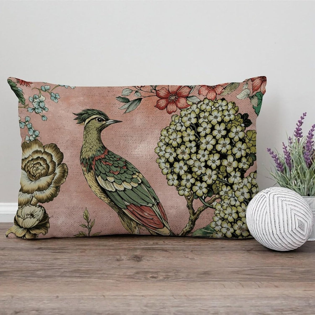 Chinoiserie Cushion Cover Pink Blush Chinoiserie Bird Throw Lumbar Pillow Cover Hydrangea Camellia and Peacock Pillow Cases Farmhouse Decor for Living Room Bedroom 12x20in White Flax