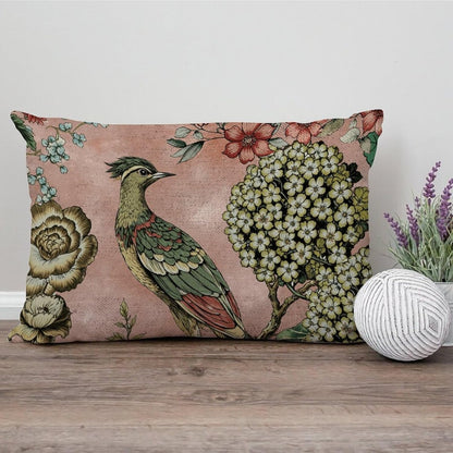 Chinoiserie Cushion Cover Pink Blush Chinoiserie Bird Throw Lumbar Pillow Cover Hydrangea Camellia and Peacock Pillow Cases Farmhouse Decor for Living Room Bedroom 12x20in White Flax