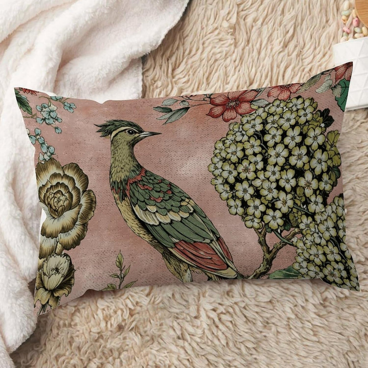 Chinoiserie Cushion Cover Pink Blush Chinoiserie Bird Throw Lumbar Pillow Cover Hydrangea Camellia and Peacock Pillow Cases Farmhouse Decor for Living Room Bedroom 12x20in White Flax