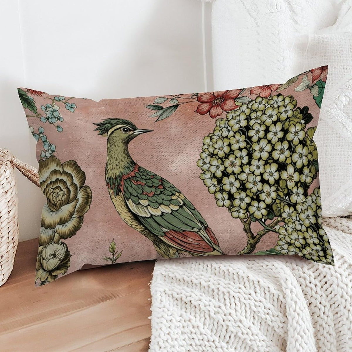 Chinoiserie Cushion Cover Pink Blush Chinoiserie Bird Throw Lumbar Pillow Cover Hydrangea Camellia and Peacock Pillow Cases Farmhouse Decor for Living Room Bedroom 12x20in White Flax