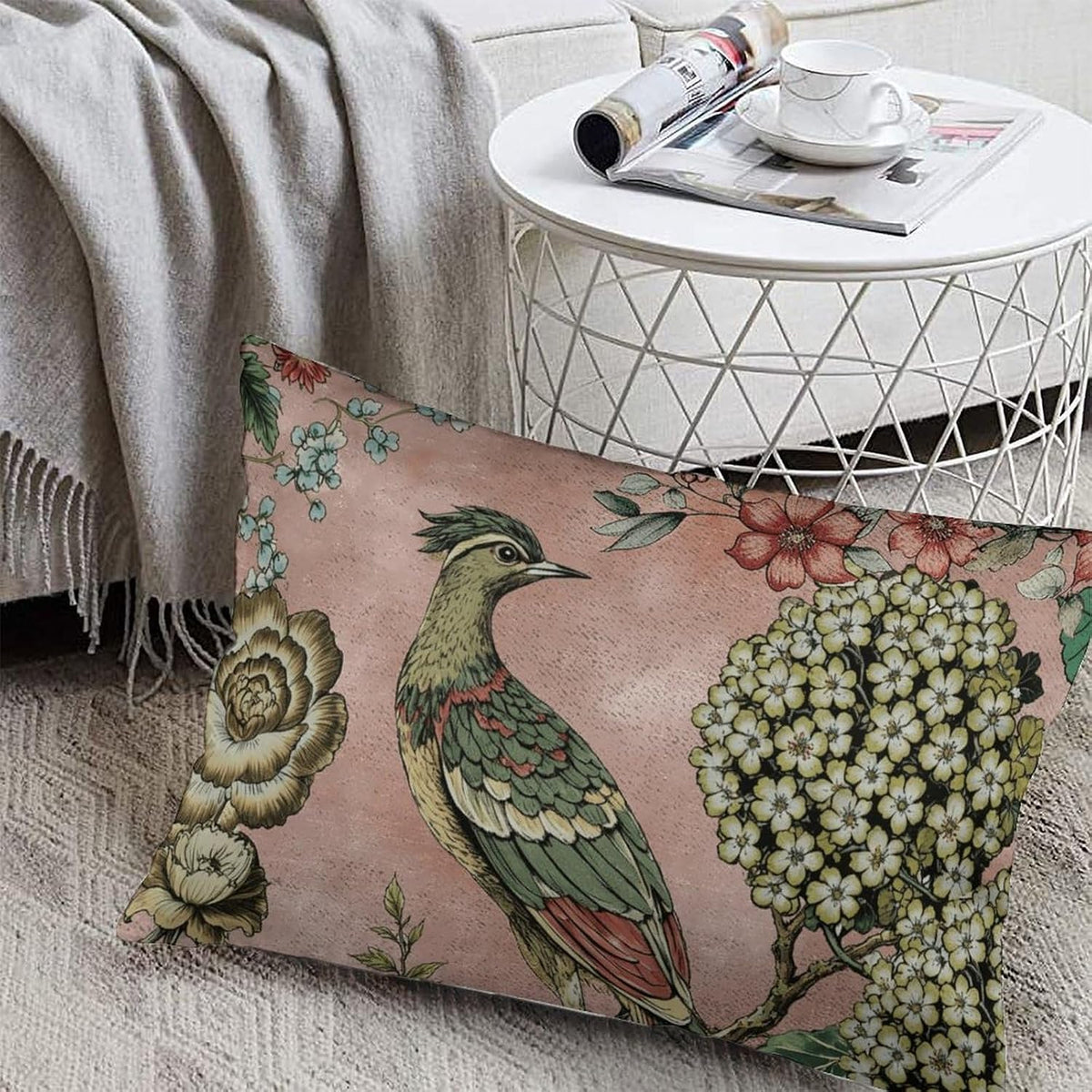 Chinoiserie Cushion Cover Pink Blush Chinoiserie Bird Throw Lumbar Pillow Cover Hydrangea Camellia and Peacock Pillow Cases Farmhouse Decor for Living Room Bedroom 12x20in White Flax