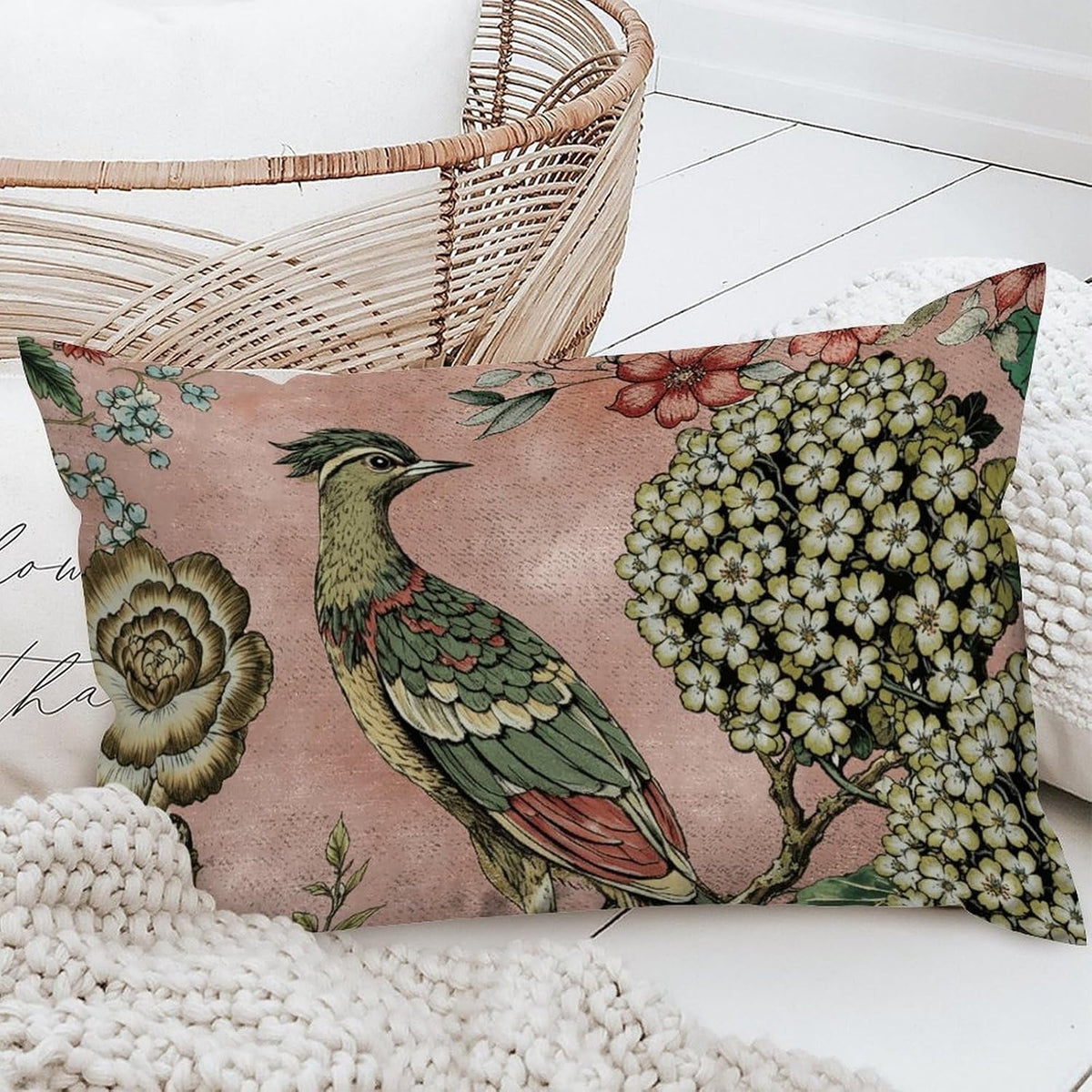 Chinoiserie Cushion Cover Pink Blush Chinoiserie Bird Throw Lumbar Pillow Cover Hydrangea Camellia and Peacock Pillow Cases Farmhouse Decor for Living Room Bedroom 12x20in White Flax