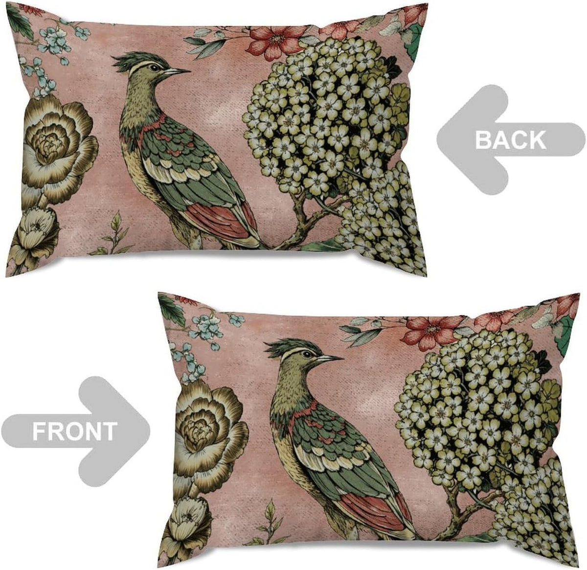 Chinoiserie Cushion Cover Pink Blush Chinoiserie Bird Throw Lumbar Pillow Cover Hydrangea Camellia and Peacock Pillow Cases Farmhouse Decor for Living Room Bedroom 12x20in White Flax