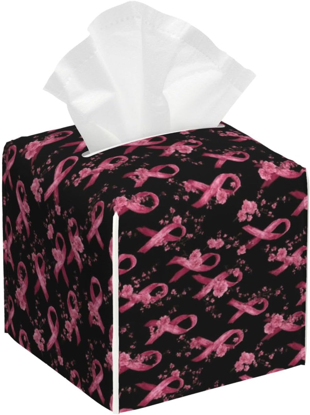 Pink Ribbon Flowers C Print Tissue Box Cover Holder Square, Foldable Modern Cube Tissue Box Cover, Leather Decorative Organizer for Tabletop Bathroom Car Office Desk Decor