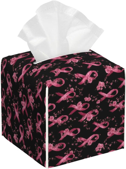 Pink Ribbon Flowers C Print Tissue Box Cover Holder Square, Foldable Modern Cube Tissue Box Cover, Leather Decorative Organizer for Tabletop Bathroom Car Office Desk Decor