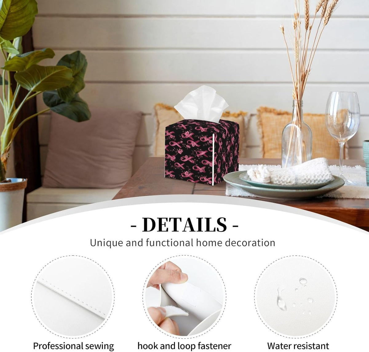 Pink Ribbon Flowers C Print Tissue Box Cover Holder Square, Foldable Modern Cube Tissue Box Cover, Leather Decorative Organizer for Tabletop Bathroom Car Office Desk Decor