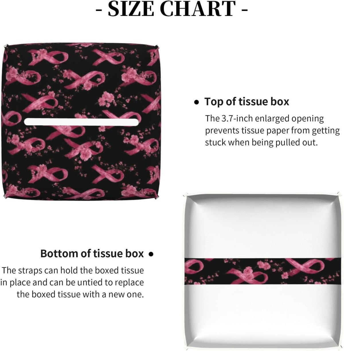 Pink Ribbon Flowers C Print Tissue Box Cover Holder Square, Foldable Modern Cube Tissue Box Cover, Leather Decorative Organizer for Tabletop Bathroom Car Office Desk Decor