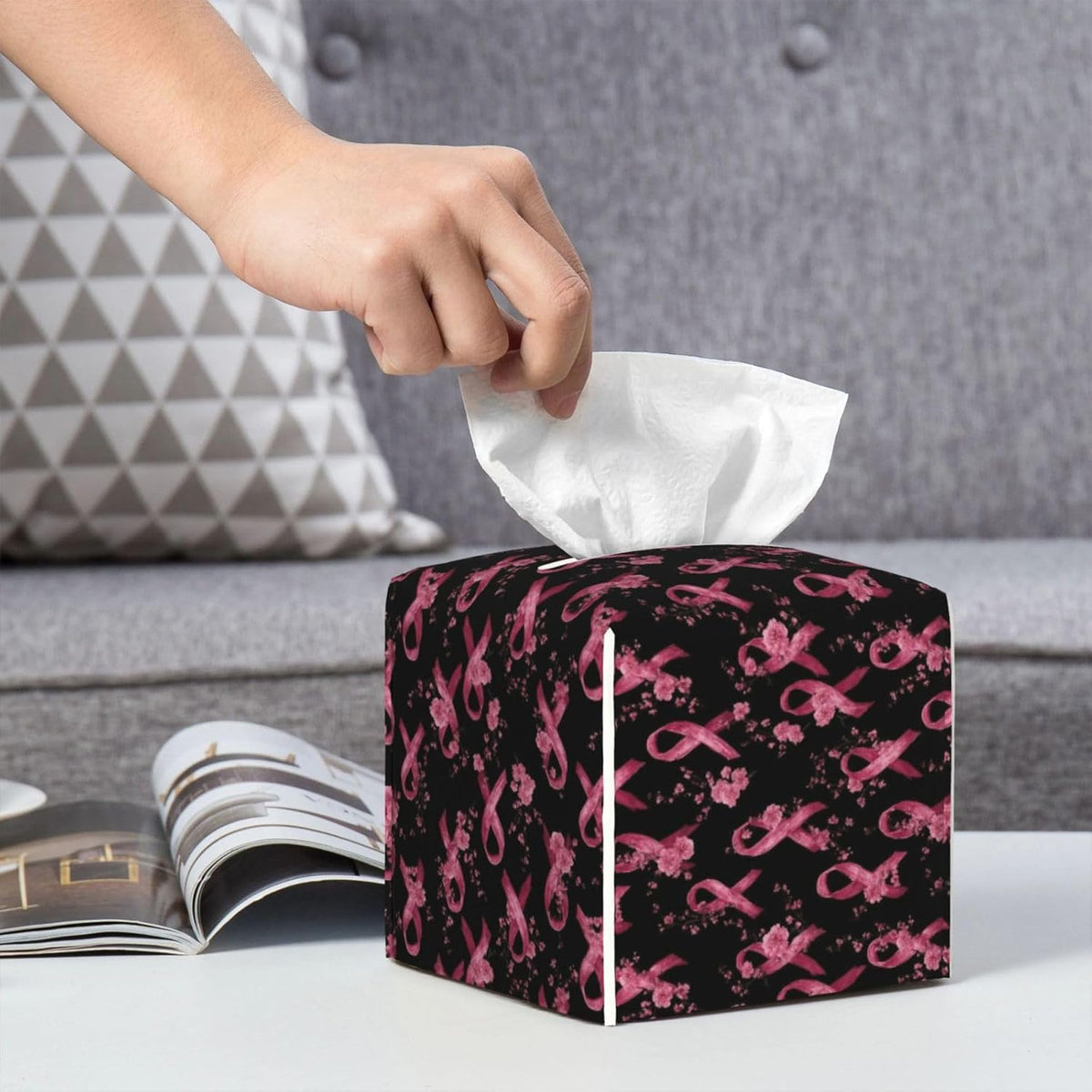 Pink Ribbon Flowers C Print Tissue Box Cover Holder Square, Foldable Modern Cube Tissue Box Cover, Leather Decorative Organizer for Tabletop Bathroom Car Office Desk Decor