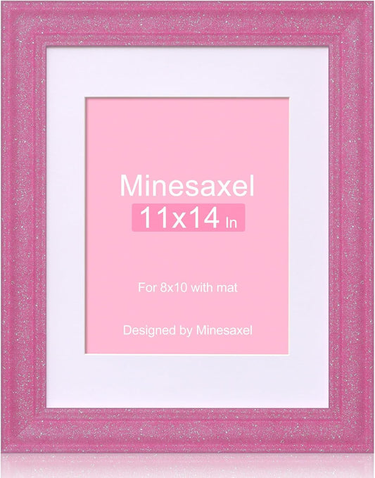 11x14 Glitter Picture Frame with Mat for 8x10, HD Real Glass Pastel Sparkle Photo Frames, Colorful Cute Fun or Unique 11 by 14 Artwork Frame for Tabletop or Wall Display Pink 1 Pack