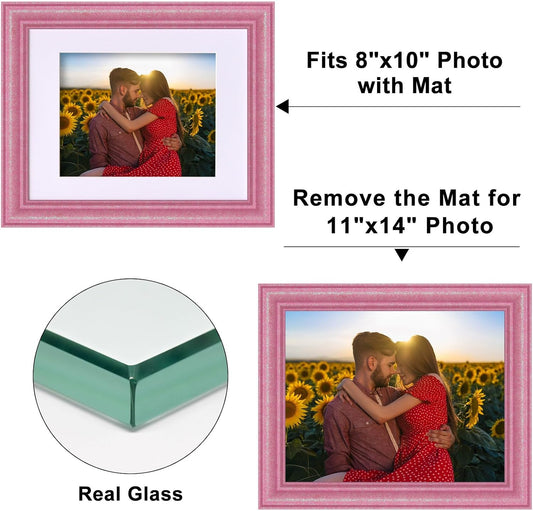 11x14 Glitter Picture Frame with Mat for 8x10, HD Real Glass Pastel Sparkle Photo Frames, Colorful Cute Fun or Unique 11 by 14 Artwork Frame for Tabletop or Wall Display Pink 1 Pack