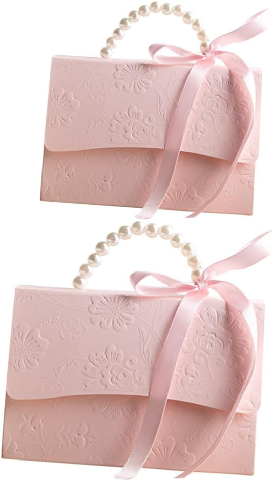 Mini and Medium Pink Boxes Set, Paper Floral Sweet Present Wrap Boxes with Pearl Chain, Party and Wedding Favor Decorative Packaging Bags