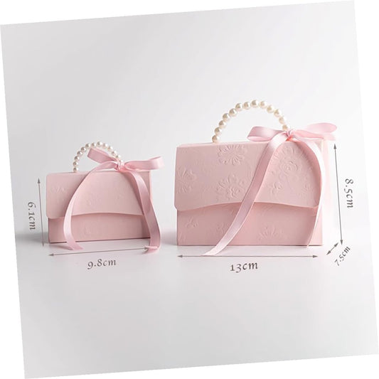 Mini and Medium Pink Boxes Set, Paper Floral Sweet Present Wrap Boxes with Pearl Chain, Party and Wedding Favor Decorative Packaging Bags