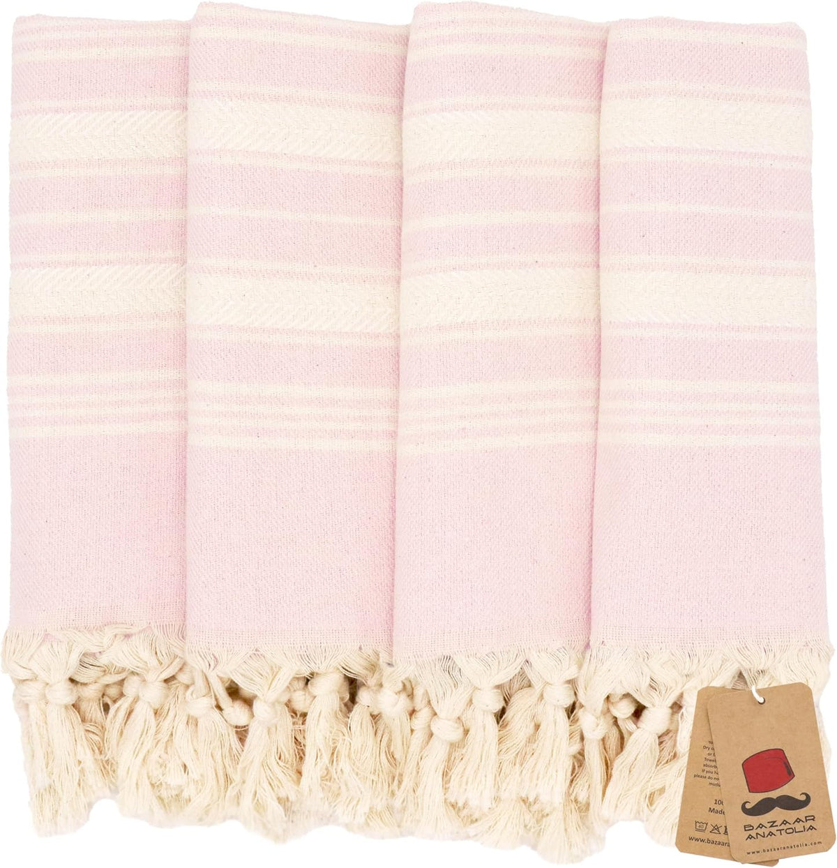 Turkish Hand Towels Set of 4, Cotton, 39x19 in, Stripe Pink