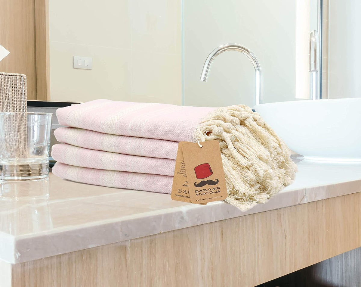 Turkish Hand Towels Set of 4, Cotton, 39x19 in, Stripe Pink
