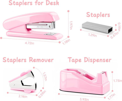 Pink Office Supplies Set for Kids, Stapler and Tape Dispenser for Women, Pink Desk Accessories for Kids, Office Desk Accessories Gift for Women, Boss Lady, Coworkers