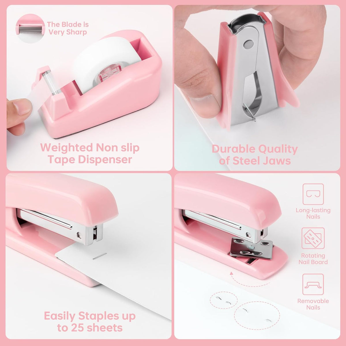 Pink Office Supplies Set for Kids, Stapler and Tape Dispenser for Women, Pink Desk Accessories for Kids, Office Desk Accessories Gift for Women, Boss Lady, Coworkers