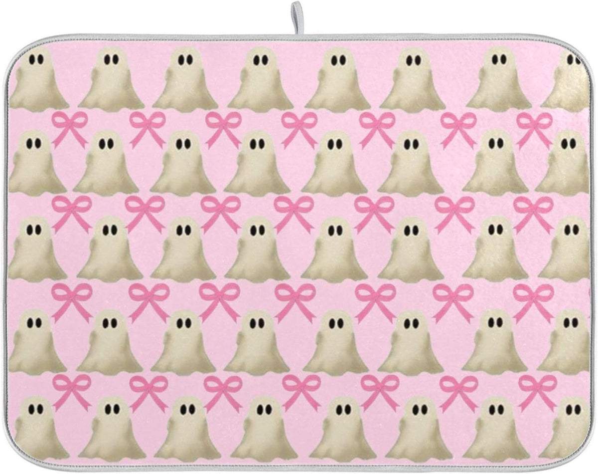Halloween Ghost Bow Dish Drying Mat for Kitchen Countertop 16x18 Pink Bowknot Spooky Small Drying Mat Reusable Quick Dry Dish Sink Mats Easy Clean Decorative Essentials