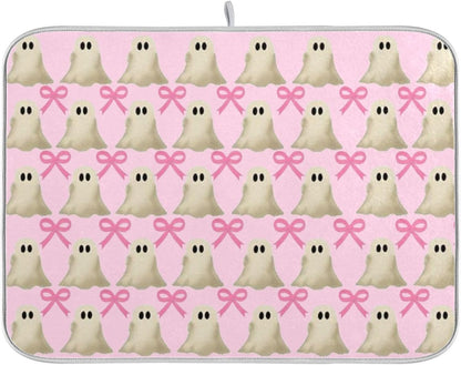 Halloween Ghost Bow Dish Drying Mat for Kitchen Countertop 16x18 Pink Bowknot Spooky Small Drying Mat Reusable Quick Dry Dish Sink Mats Easy Clean Decorative Essentials