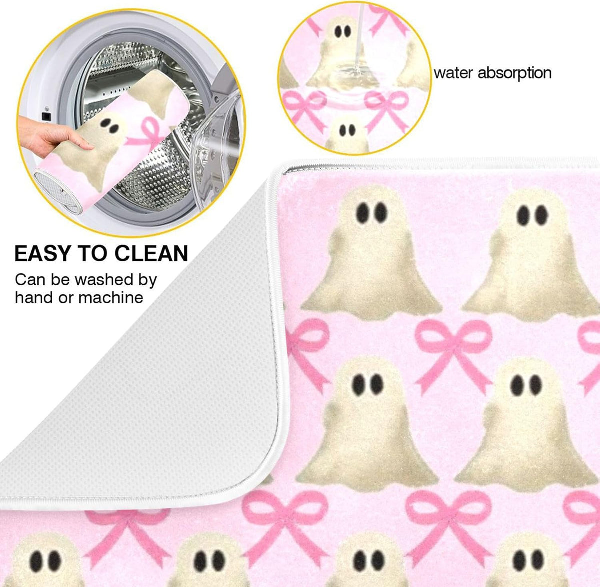 Halloween Ghost Bow Dish Drying Mat for Kitchen Countertop 16x18 Pink Bowknot Spooky Small Drying Mat Reusable Quick Dry Dish Sink Mats Easy Clean Decorative Essentials