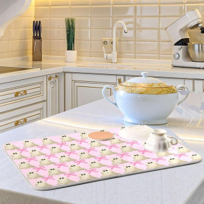 Halloween Ghost Bow Dish Drying Mat for Kitchen Countertop 16x18 Pink Bowknot Spooky Small Drying Mat Reusable Quick Dry Dish Sink Mats Easy Clean Decorative Essentials