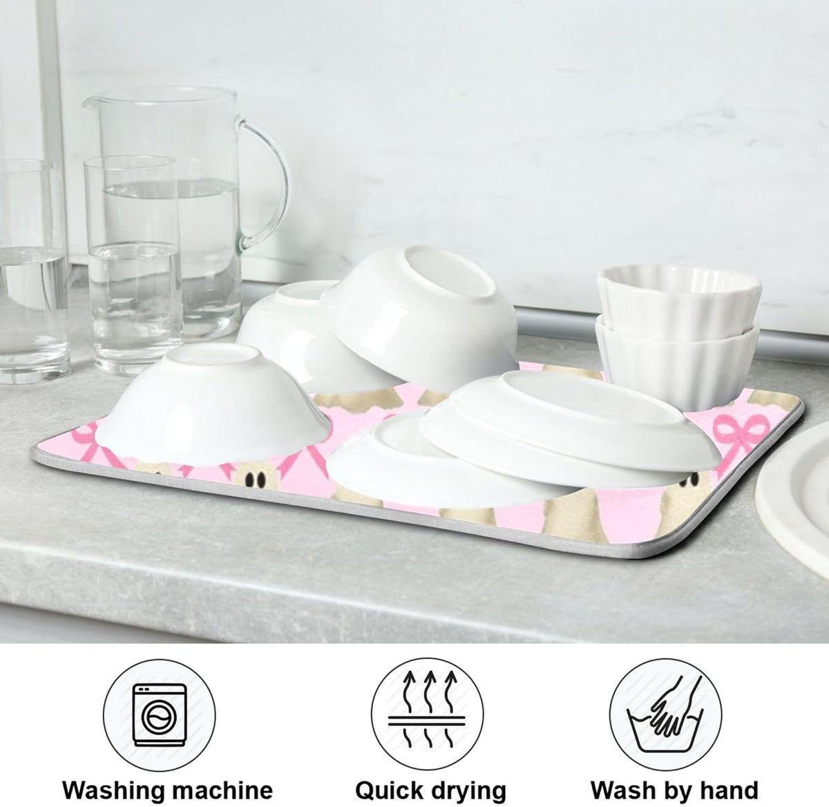 Halloween Ghost Bow Dish Drying Mat for Kitchen Countertop 16x18 Pink Bowknot Spooky Small Drying Mat Reusable Quick Dry Dish Sink Mats Easy Clean Decorative Essentials