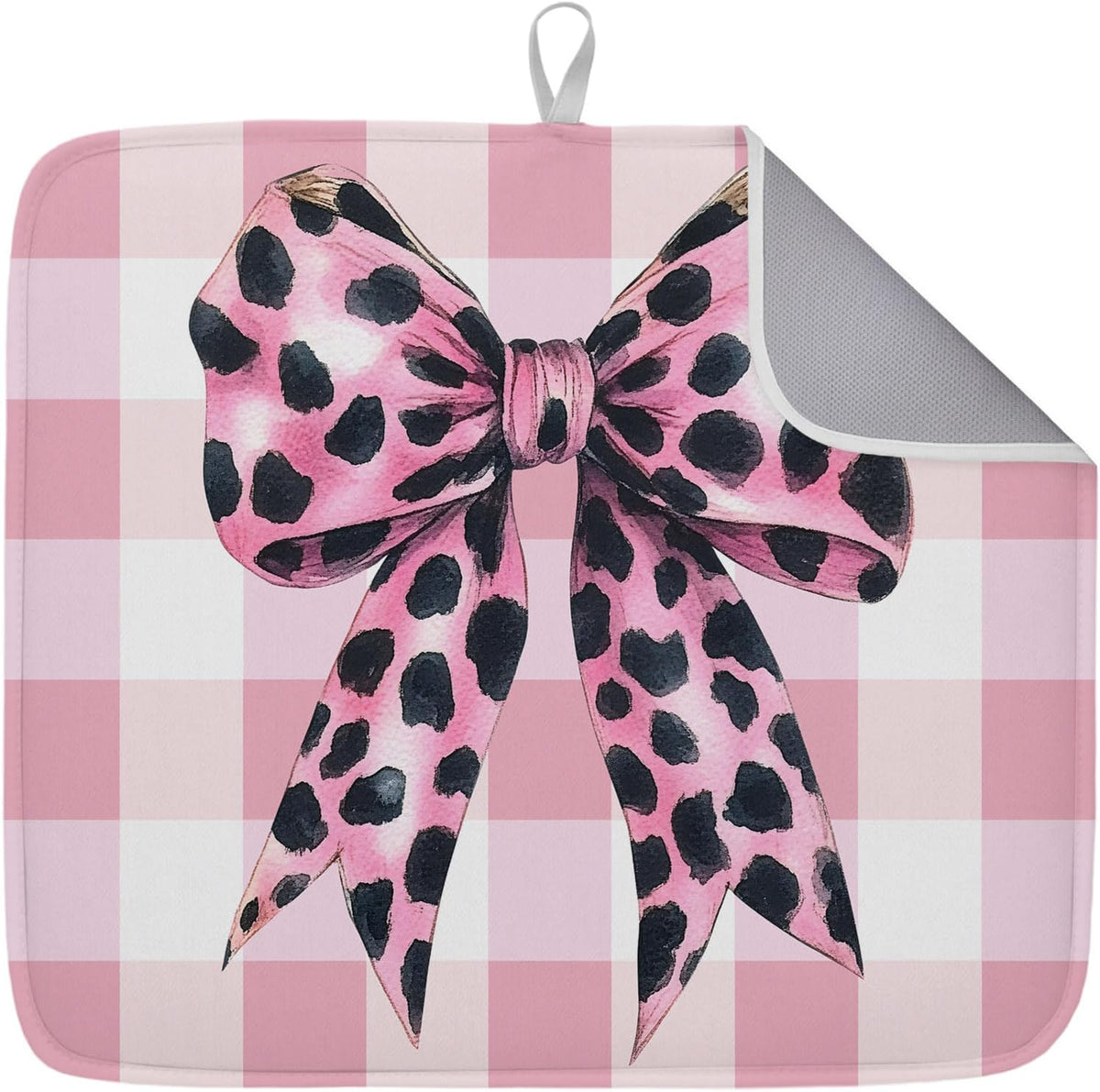 Dish Drying Mat Leopard Print Bow Kitchen Counter Drying Pad for Dishes Glasses Cups and Cookware Pink White Check Absorbent Dish Drying Mat Machine Washable Kitchen Accessories 16" x 18"