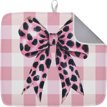 Dish Drying Mat Leopard Print Bow Kitchen Counter Drying Pad for Dishes Glasses Cups and Cookware Pink White Check Absorbent Dish Drying Mat Machine Washable Kitchen Accessories 16" x 18"
