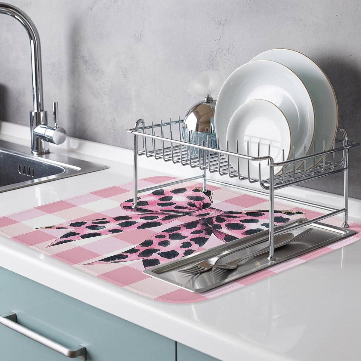 Dish Drying Mat Leopard Print Bow Kitchen Counter Drying Pad for Dishes Glasses Cups and Cookware Pink White Check Absorbent Dish Drying Mat Machine Washable Kitchen Accessories 16" x 18"
