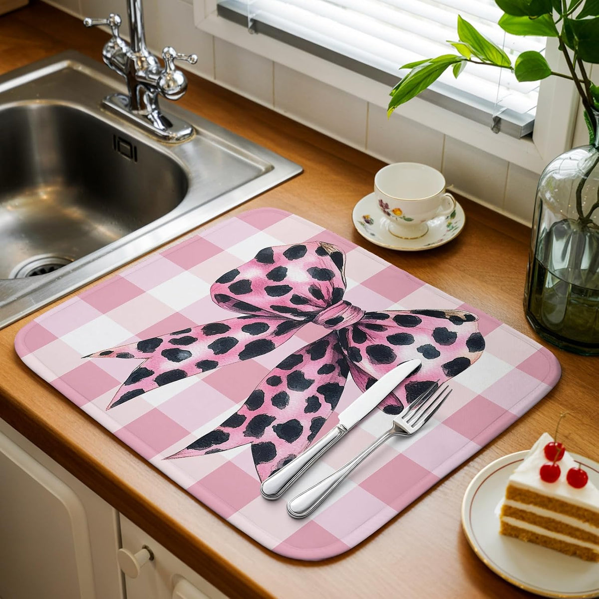 Dish Drying Mat Leopard Print Bow Kitchen Counter Drying Pad for Dishes Glasses Cups and Cookware Pink White Check Absorbent Dish Drying Mat Machine Washable Kitchen Accessories 16" x 18"