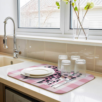 Dish Drying Mat Leopard Print Bow Kitchen Counter Drying Pad for Dishes Glasses Cups and Cookware Pink White Check Absorbent Dish Drying Mat Machine Washable Kitchen Accessories 16" x 18"
