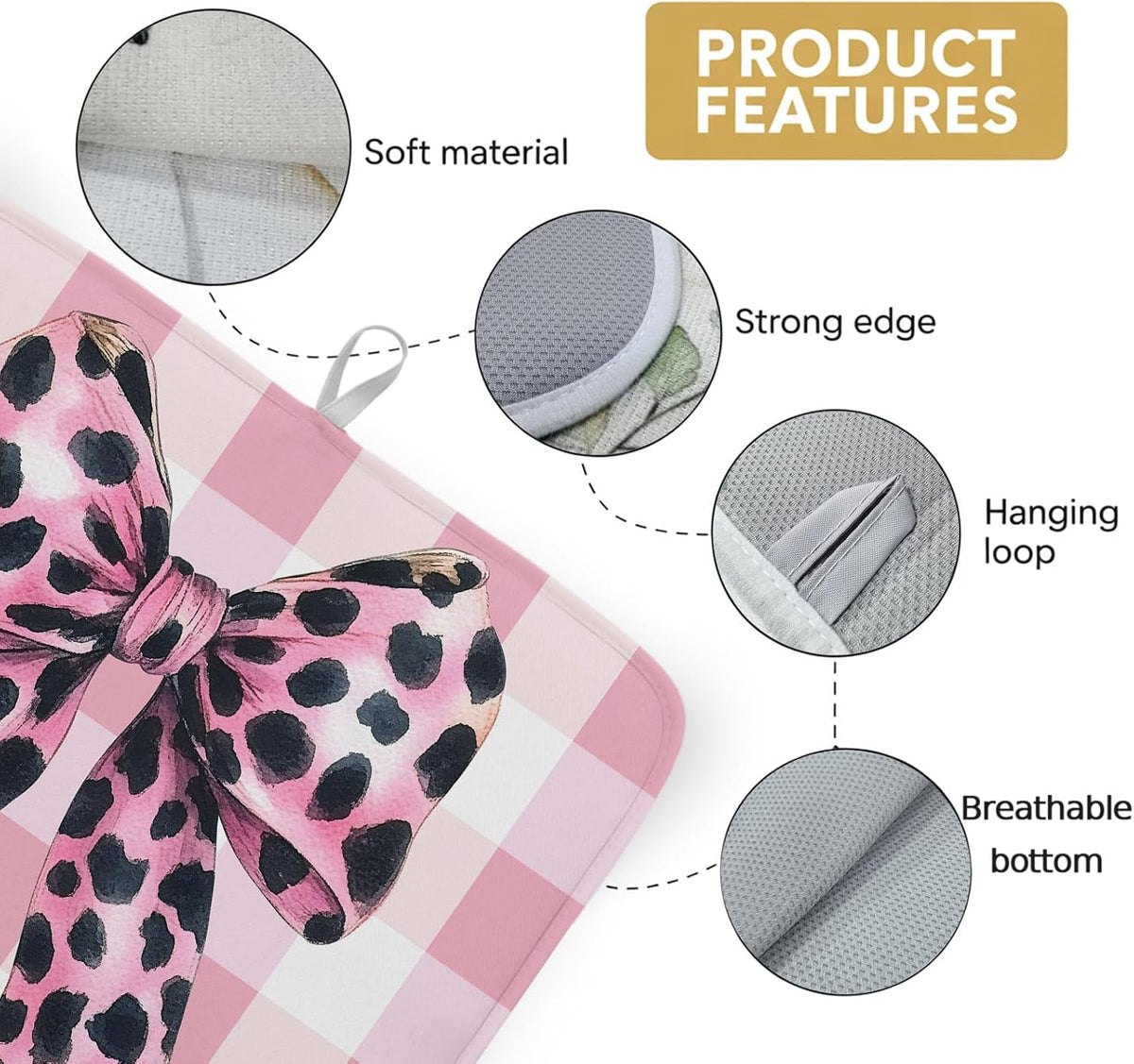 Dish Drying Mat Leopard Print Bow Kitchen Counter Drying Pad for Dishes Glasses Cups and Cookware Pink White Check Absorbent Dish Drying Mat Machine Washable Kitchen Accessories 16" x 18"