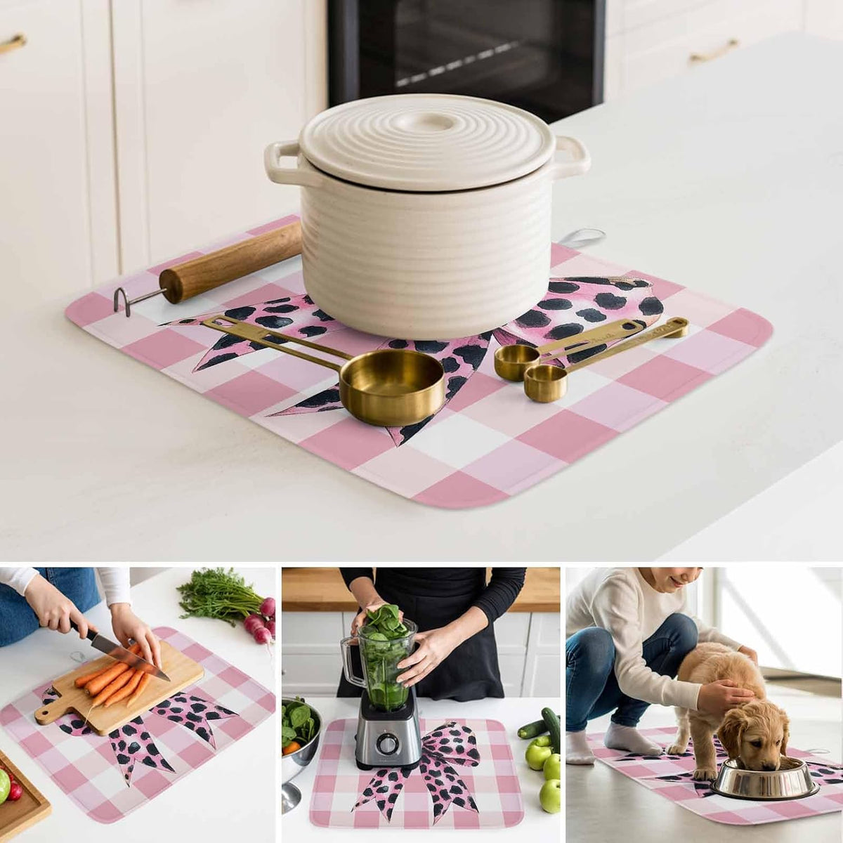Dish Drying Mat Leopard Print Bow Kitchen Counter Drying Pad for Dishes Glasses Cups and Cookware Pink White Check Absorbent Dish Drying Mat Machine Washable Kitchen Accessories 16" x 18"
