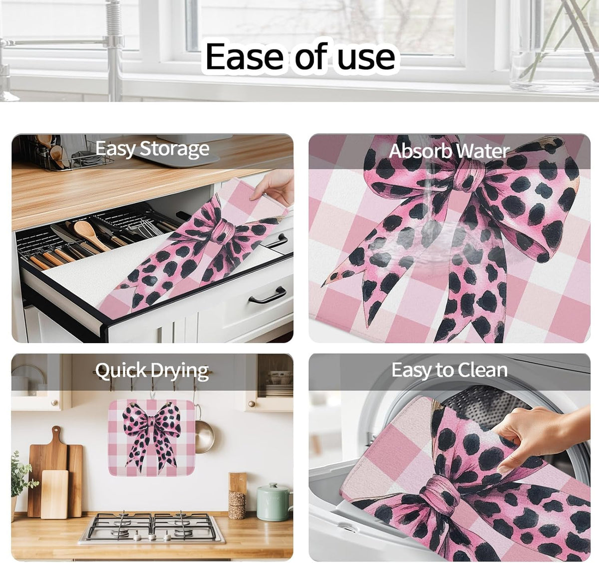 Dish Drying Mat Leopard Print Bow Kitchen Counter Drying Pad for Dishes Glasses Cups and Cookware Pink White Check Absorbent Dish Drying Mat Machine Washable Kitchen Accessories 16" x 18"
