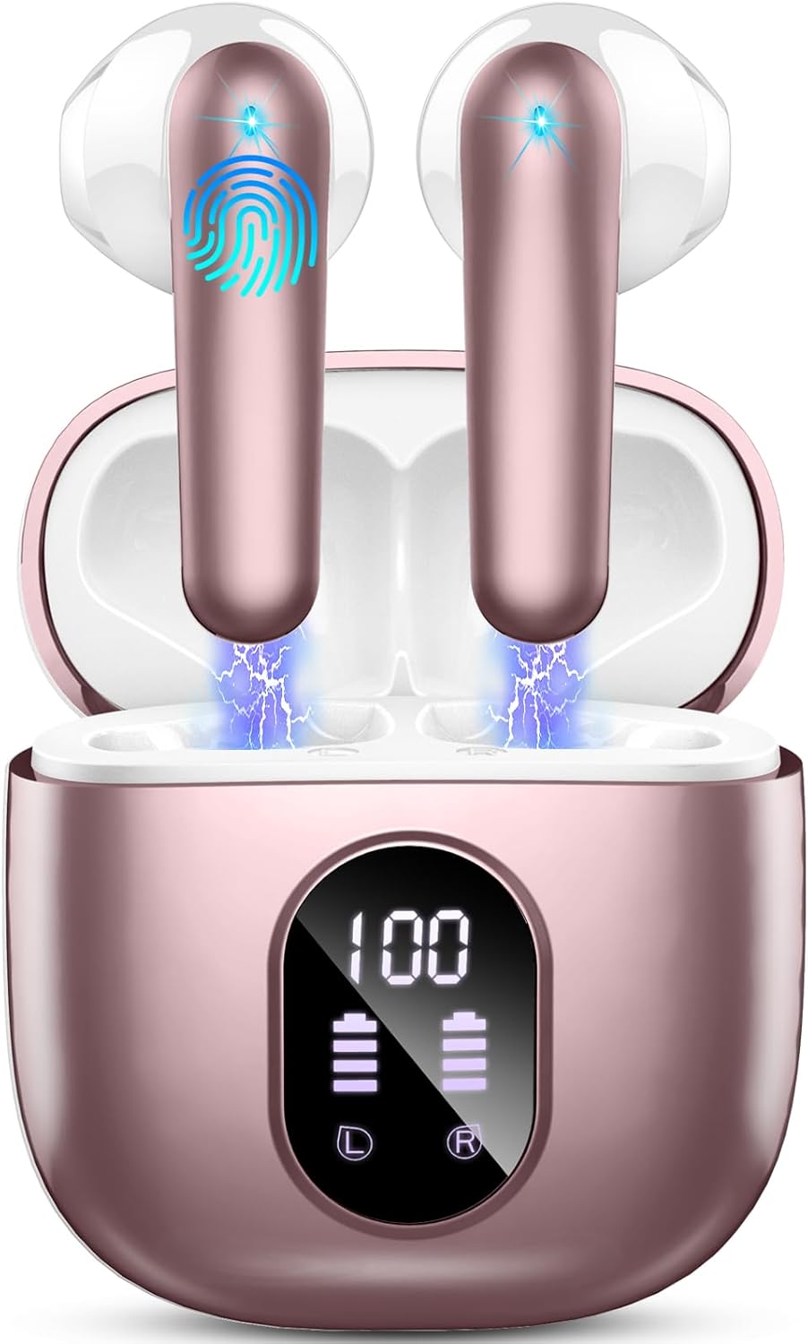 Wireless Earbuds, Bluetooth 5.4 Headphones 50H Playback Bass Stereo Ear Buds with 4 ENC Cancelling Mics, in-Ear Earphones with LED Display, IP7 Waterproof USB-C for Laptop Pad Phones Workout Rose Gold