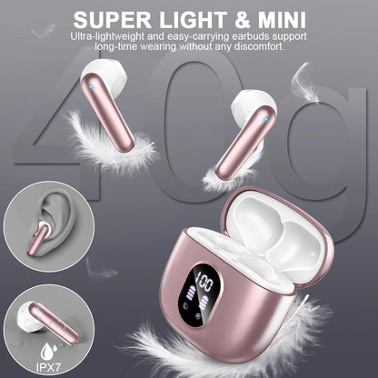 Wireless Earbuds, Bluetooth 5.4 Headphones 50H Playback Bass Stereo Ear Buds with 4 ENC Cancelling Mics, in-Ear Earphones with LED Display, IP7 Waterproof USB-C for Laptop Pad Phones Workout Rose Gold