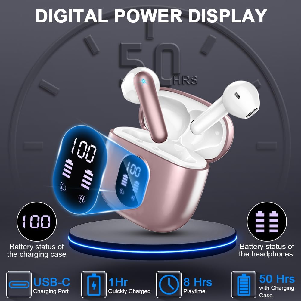 Wireless Earbuds, Bluetooth 5.4 Headphones 50H Playback Bass Stereo Ear Buds with 4 ENC Cancelling Mics, in-Ear Earphones with LED Display, IP7 Waterproof USB-C for Laptop Pad Phones Workout Rose Gold