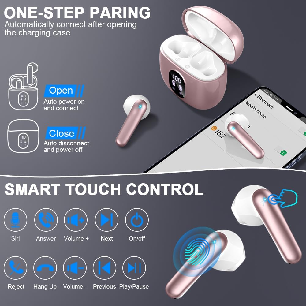 Wireless Earbuds, Bluetooth 5.4 Headphones 50H Playback Bass Stereo Ear Buds with 4 ENC Cancelling Mics, in-Ear Earphones with LED Display, IP7 Waterproof USB-C for Laptop Pad Phones Workout Rose Gold