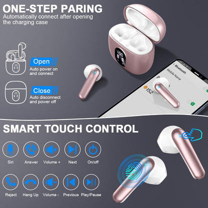 Wireless Earbuds, Bluetooth 5.4 Headphones 50H Playback Bass Stereo Ear Buds with 4 ENC Cancelling Mics, in-Ear Earphones with LED Display, IP7 Waterproof USB-C for Laptop Pad Phones Workout Rose Gold