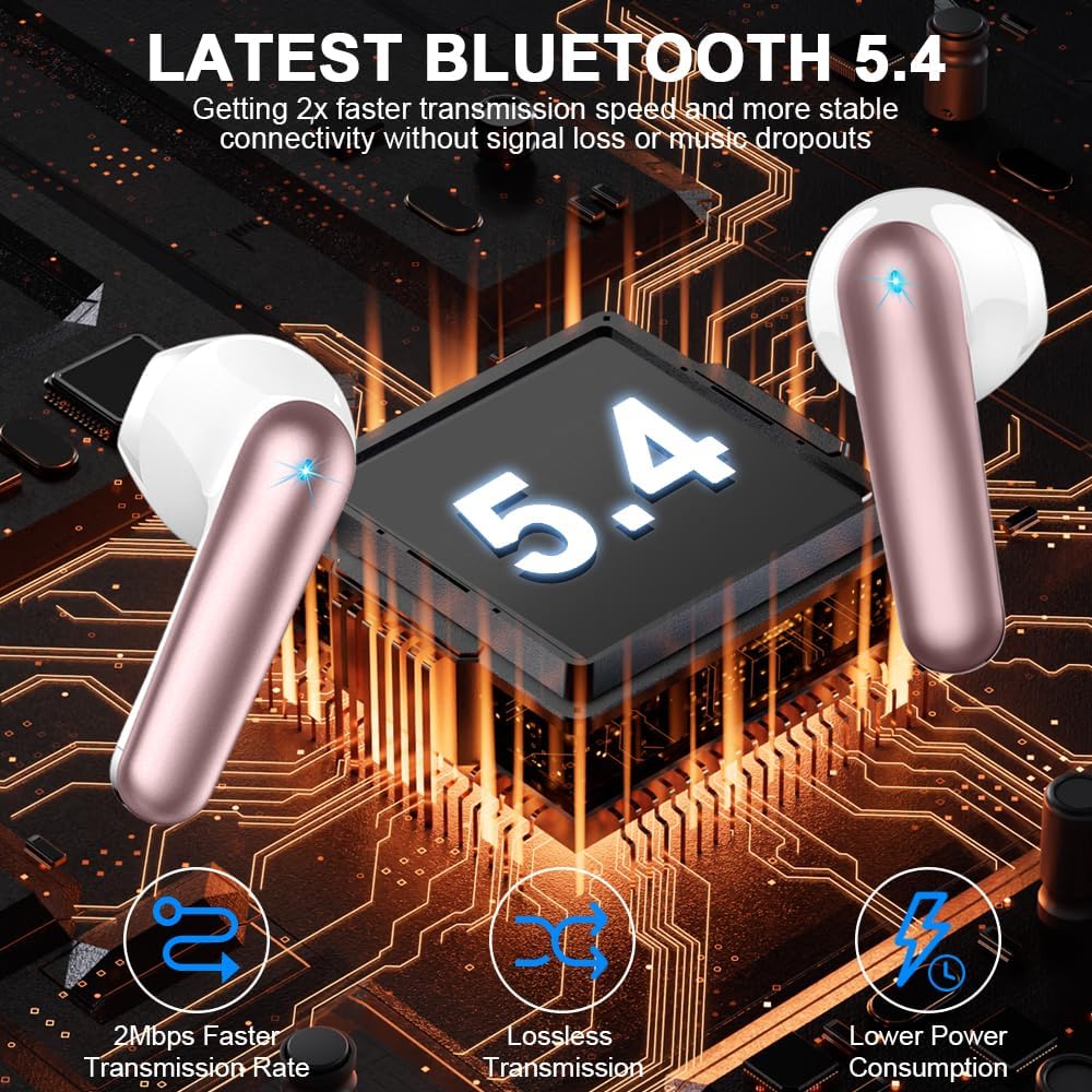 Wireless Earbuds, Bluetooth 5.4 Headphones 50H Playback Bass Stereo Ear Buds with 4 ENC Cancelling Mics, in-Ear Earphones with LED Display, IP7 Waterproof USB-C for Laptop Pad Phones Workout Rose Gold