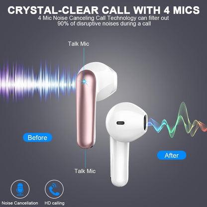 Wireless Earbuds, Bluetooth 5.4 Headphones 50H Playback Bass Stereo Ear Buds with 4 ENC Cancelling Mics, in-Ear Earphones with LED Display, IP7 Waterproof USB-C for Laptop Pad Phones Workout Rose Gold