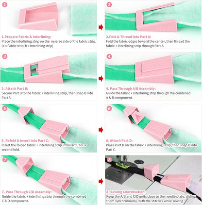 Bias Tape Maker, Fabric Tube Maker for Jelly Rolls Rugs Tool with Needle Threader and Seam Ripper, DIY Sewing Supplies and Accessories Day Gift Pink