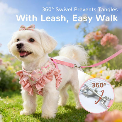Small Dog Harness and Leash Set Soft Breathable Mesh No Pull Puppy Harness with Bowknot Adjustable Cute Pink Dog Vest Harnesses for Small Dogs Cats Girl Pet Harness for Walking Outdoor(Pink,S)