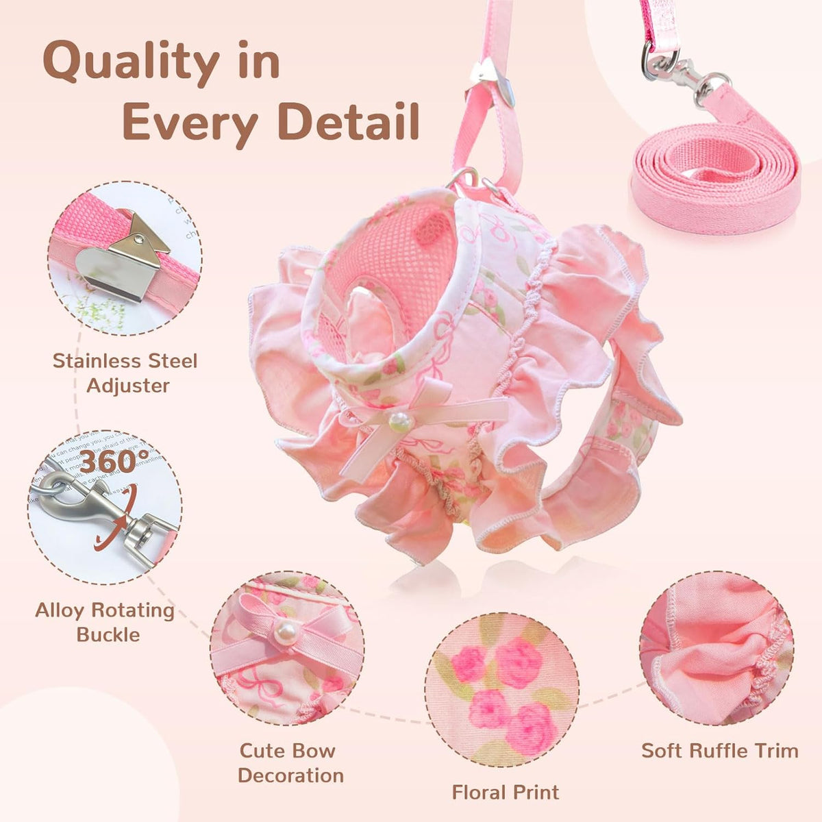 Small Dog Harness and Leash Set Soft Breathable Mesh No Pull Puppy Harness with Bowknot Adjustable Cute Pink Dog Vest Harnesses for Small Dogs Cats Girl Pet Harness for Walking Outdoor(Pink,S)